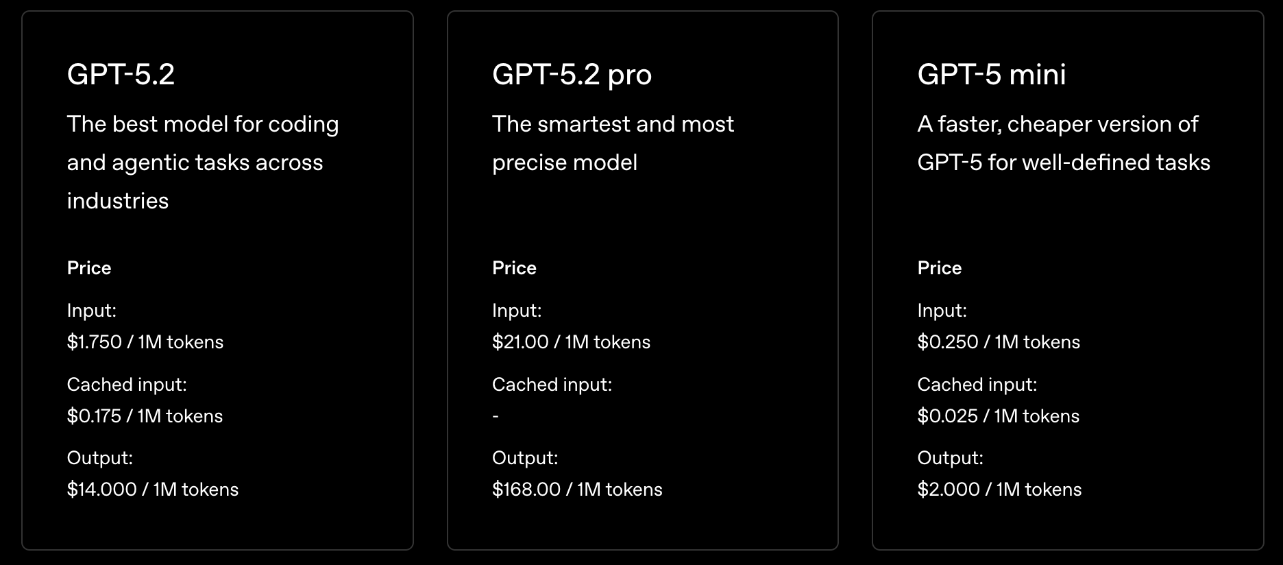 Screenshot of OpenAI GPT pricing