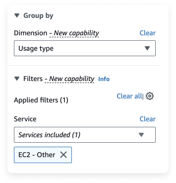Filter and Group options in Cost Explorer