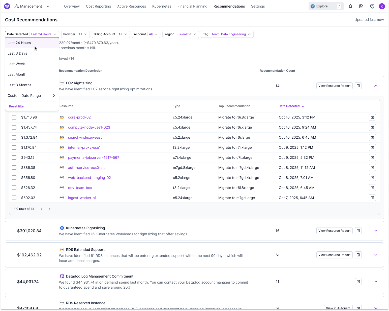 Screenshot of the new Cost Recommendations page showing filtering options by Date Detected, Provider, Tag, and more