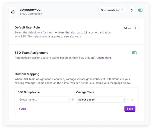 SSO connection screen in Vantage with company-com as an example domain listed at the top