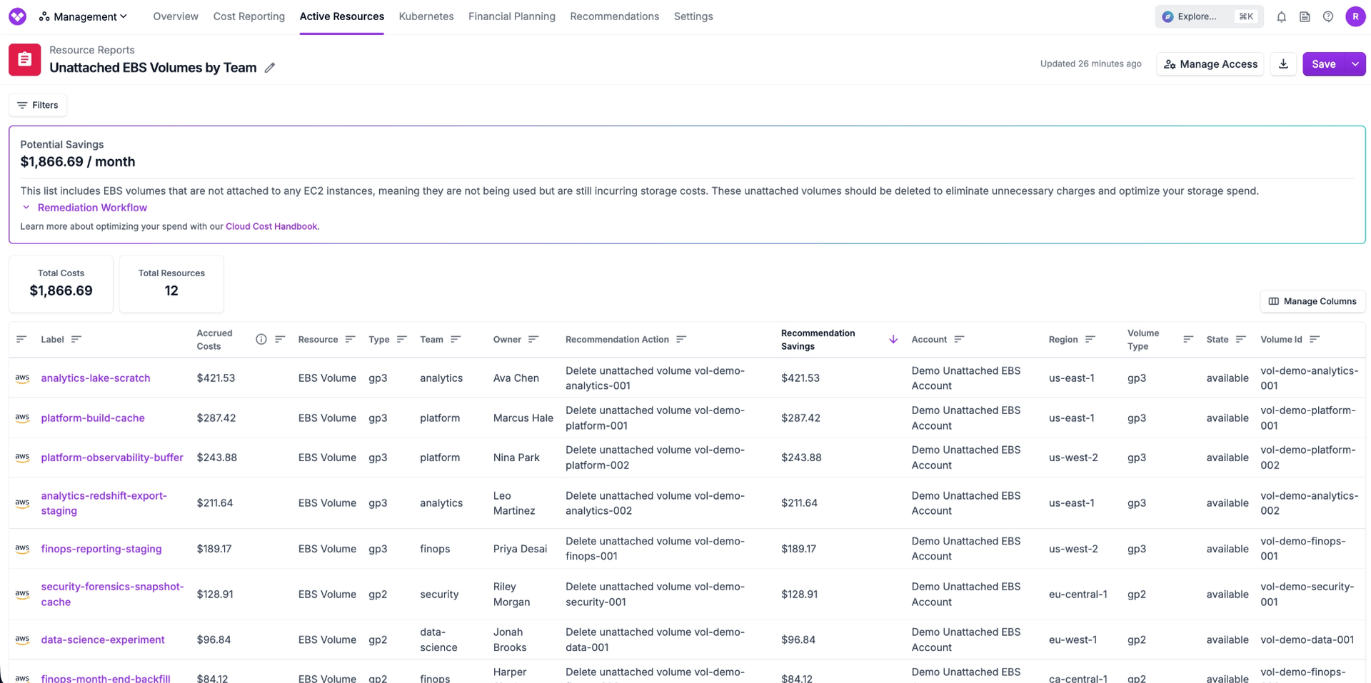 Tags like Team and Owner can now be added as columns in Resource Reports
