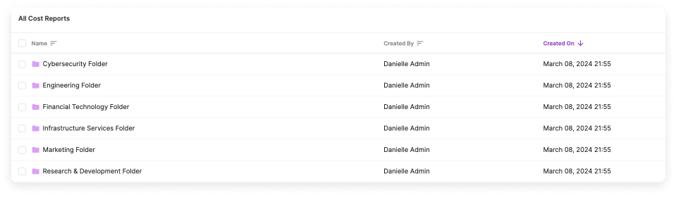 A list of all folders that were created from the Terraform script. Six folders are displayed in the Vantage console.