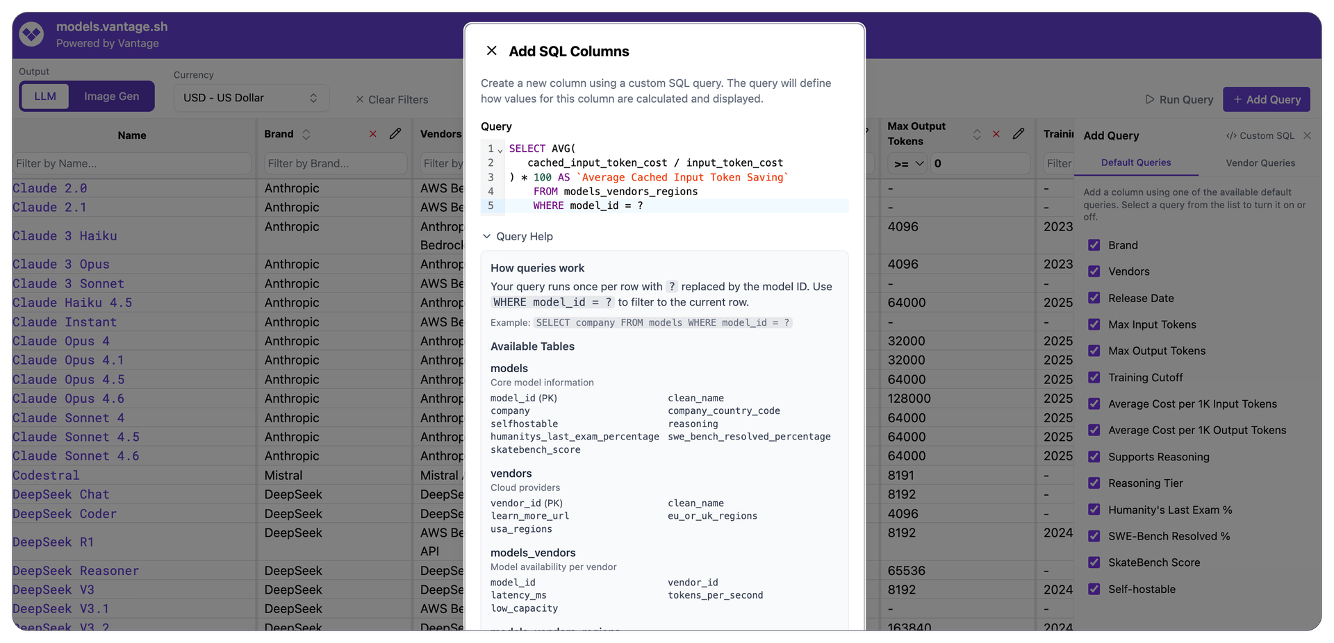 SQL query editor for model comparisons