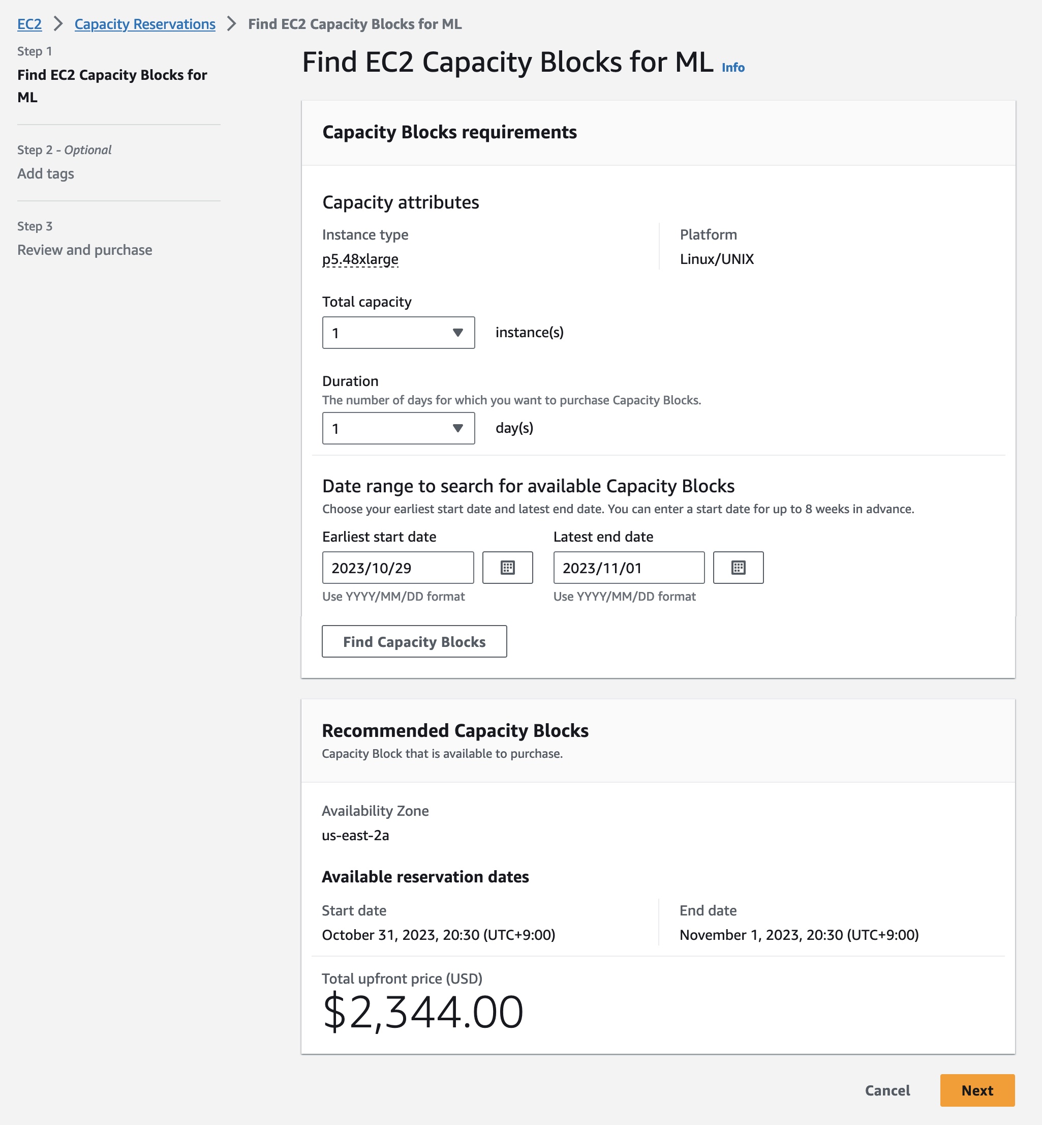 Capacity Block reservations in console