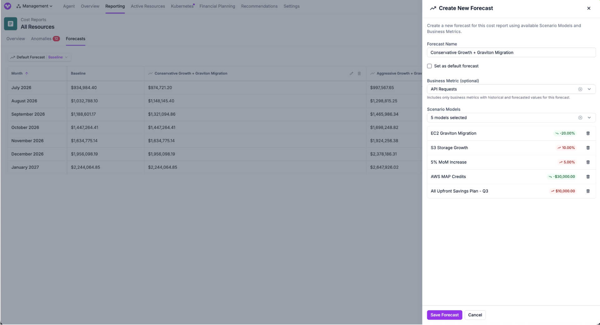Users can now create Custom Forecasts by combining multiple Scenario Models, analyze their projections in the Forecasts tab, and apply one as their default forecast when viewing a Cost Report