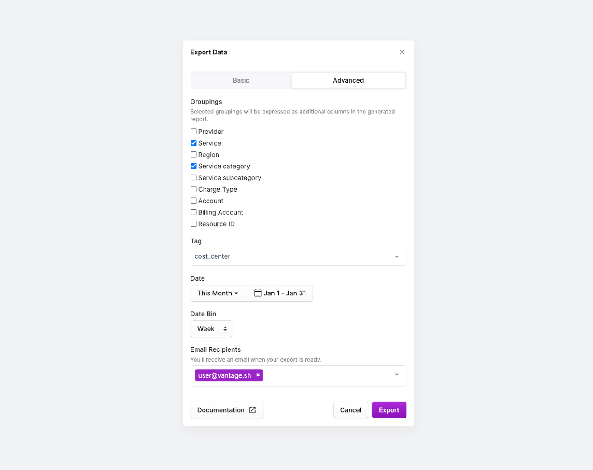 Advanced CSV Export modal window