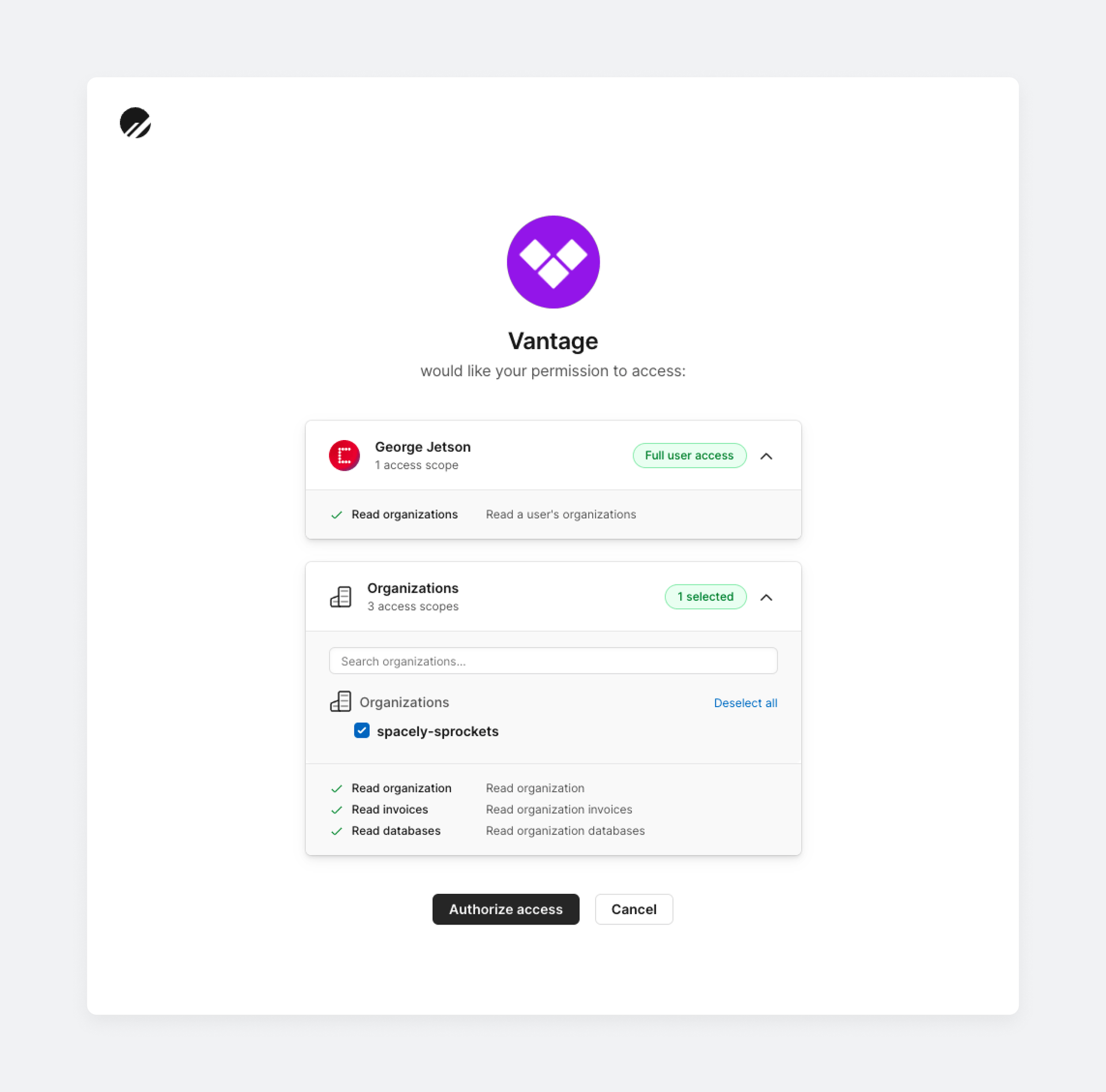 OAuth page for connecting Vantage and PlanetScale