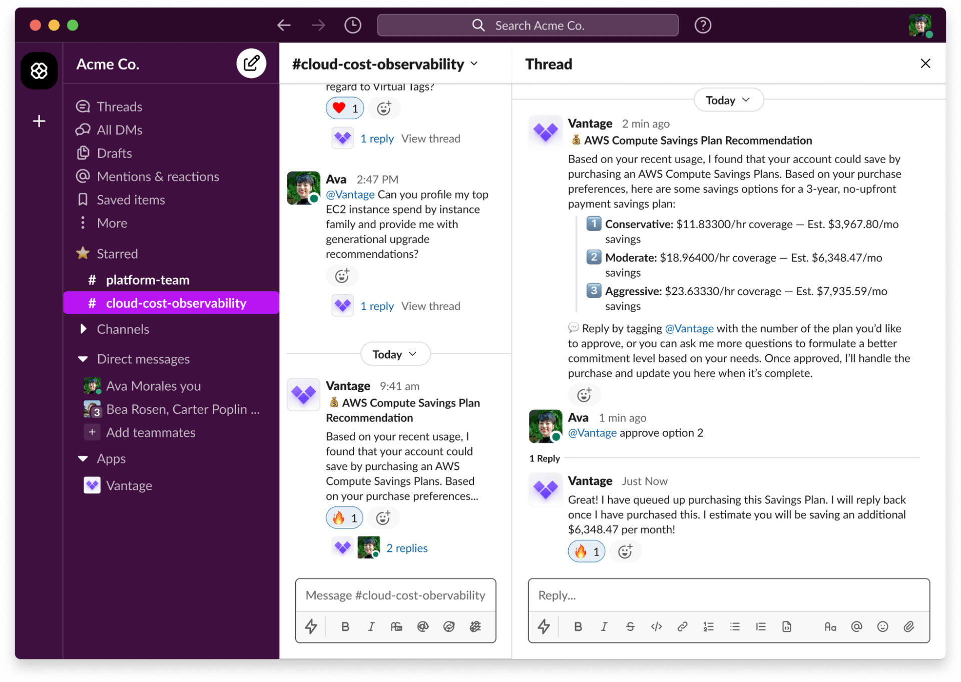 Vantage FinOps agent in Slack showcasing it's capabilities to answer natural language questions and remidiate waste automatically