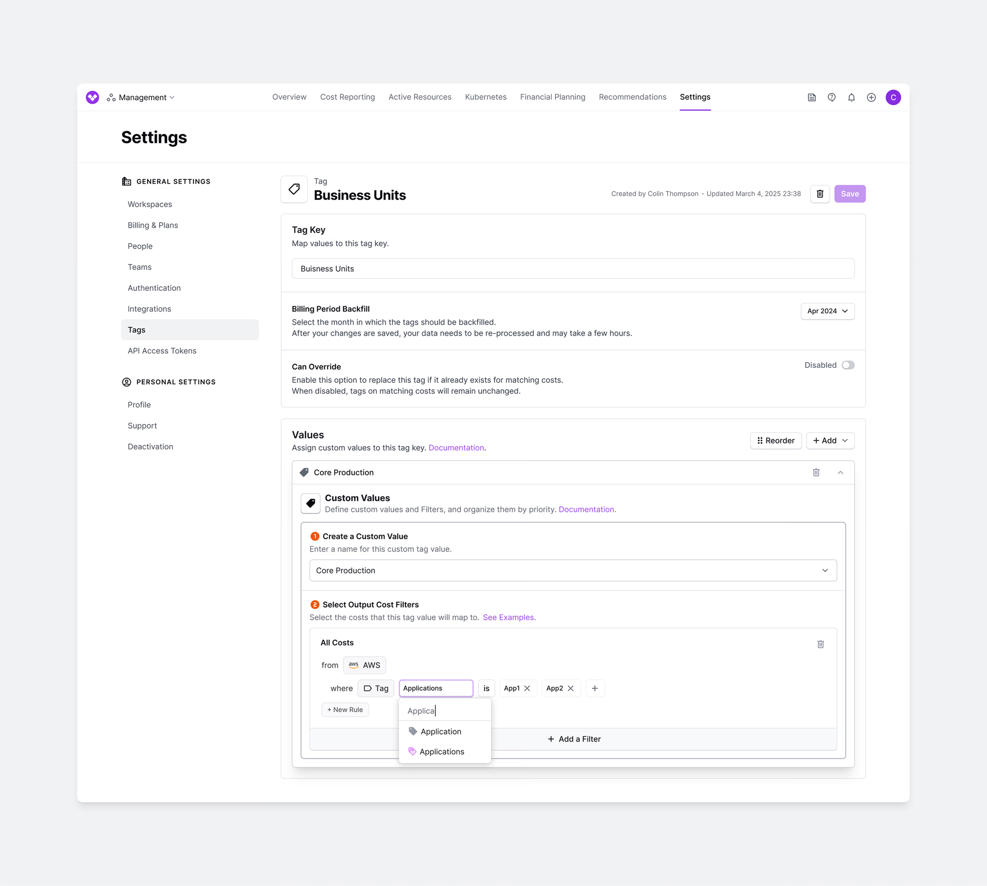 Vantage virtual tagging interface showing business dimensions and tag configurations